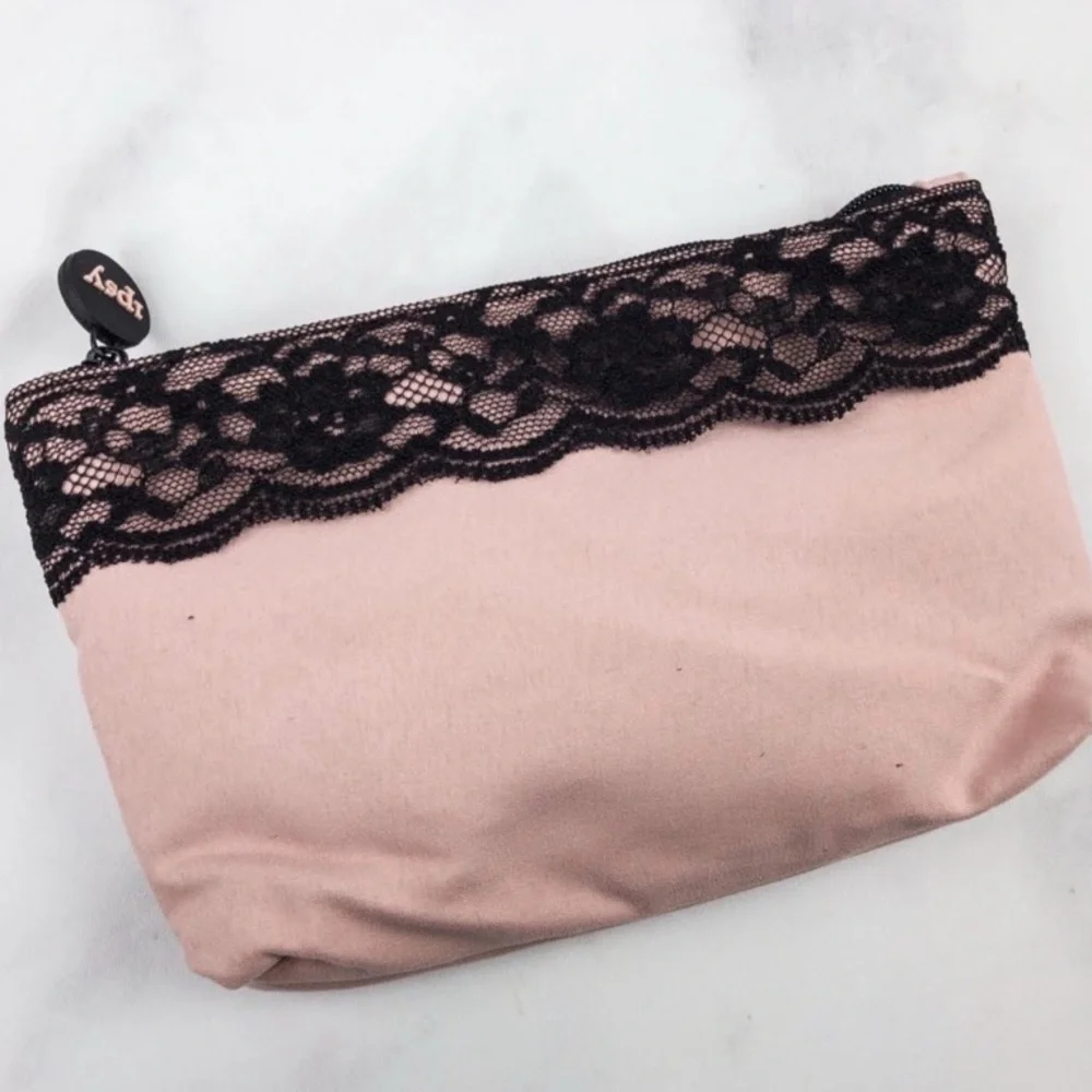 IPSY Blushing Pink Cosmetic Clutch Bag Trimmed with Black Lace